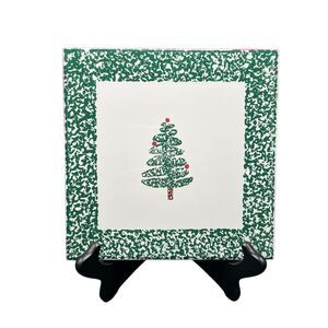 Christmas Tree Square Tile Trivet with Green Sponge Painting Made in Italy